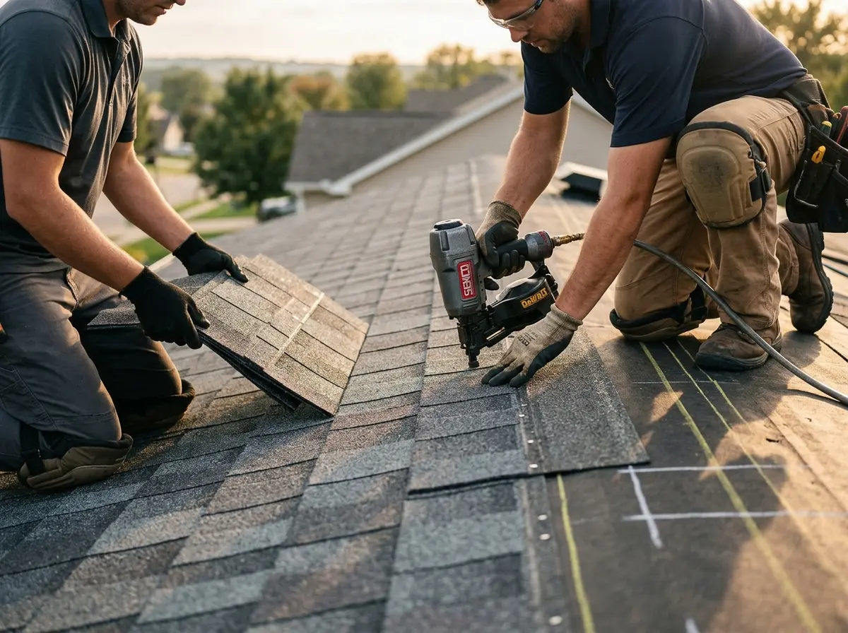 Professional roofer working on a residential roof in El Granada